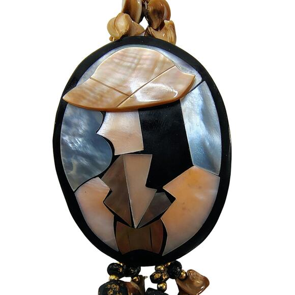 Layered Lacquered Shell Cameo Black Pink Beaded Statement Necklace [Vintage] - Picture 1 of 5